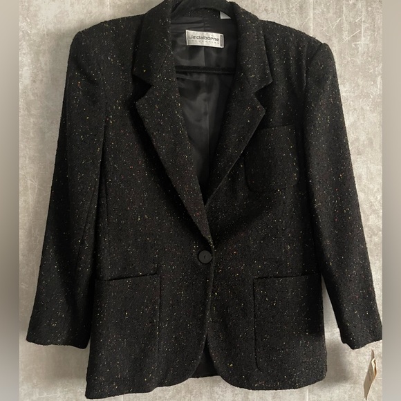 Vintage Liz Claiborne Black Speckled Pocketed Wool Tweed Blazer Petite Size 2 - Picture 7 of 7